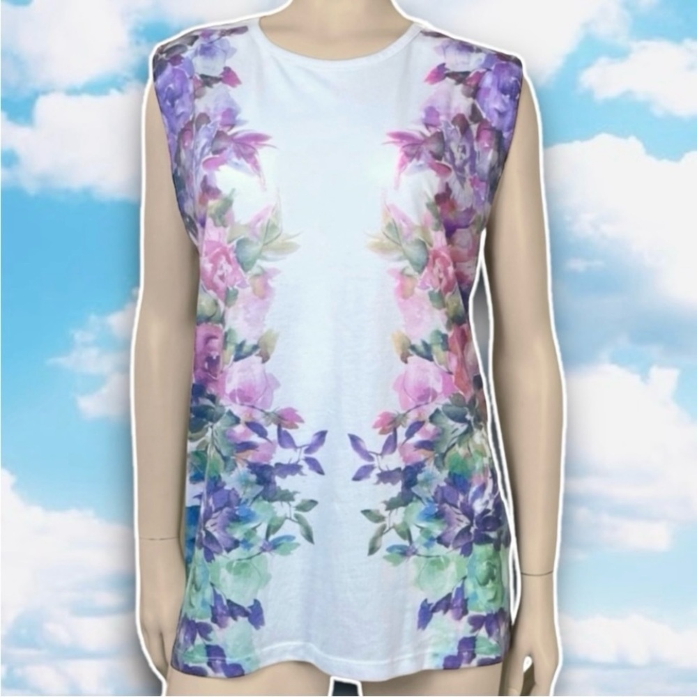❤️ FREEZE Mirror Image Floral Sleeveless Muscle Tee Pastel Cottagecore Prairie